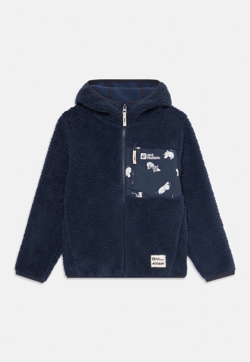 Giacca in pile blu navy con zip frontale, cappuccio e una tasca decorata con motivi di animali. Tessuto morbido e forma casual.