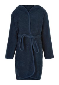 Peignoir de bain à capuche bleu marine, fabriqué en tissu en peluche texturé. Dispose d'une ceinture à nouer et d'un bord contrastant le long des bords et des manches.