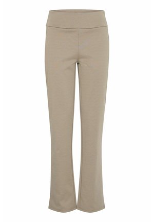 Beige Activewear-Hosen mit breitem Bund, leicht ausgestellt Bein und einer glatten, weichen Textur. Keine sichtbaren Muster oder Hardware-Details.