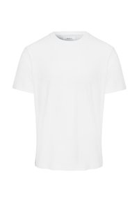 Weißes Baumwoll-T-Shirt mit Rundhalsausschnitt, kurzen Ärmeln und lockerer Passform. Glatte Textur ohne sichtbare Muster oder Akzente.