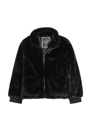 Veste en fausse fourrure noire avec fermeture éclair à l'avant, col replié, poignets côtelés et deux poches avant. L'étiquette à l'intérieur du col porte l'inscription "Strong Amazing Girls."