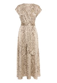 Maxi šaty s leopardím potiskem v béžové a hnědé barvě. Lehce průhledná tkanina, rukávy na ramínka, V-výstřih, přiléhavý pas s vázacími pásky, splývavá sukně.
