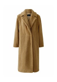Lange, bruine teddyjas met brede revers, twee zijzakken en een zachte, gestructureerde fleece stof.