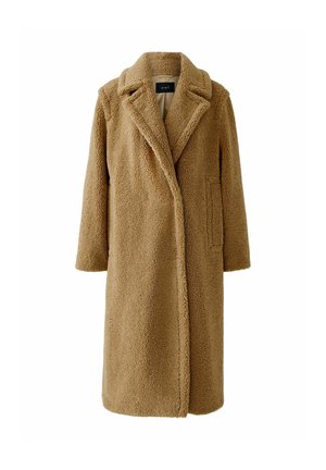 Manteau teddy long, en brun, avec des revers larges, deux poches latérales et un tissu en polaire doux et texturé.