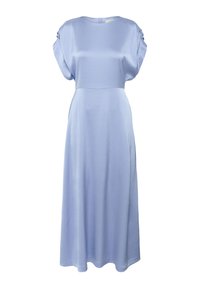 Abito maxi azzurro chiaro con maniche corte e morbide, scollo rotondo e una texture liscia. Presenta un bodice aderente e una gonna fluida.