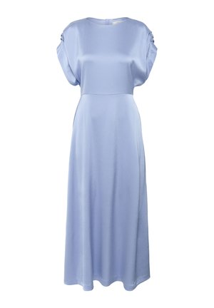 Világoskék maxi ruha rövid, laza ujjú, kerek nyakkivágással és sima textúrával. Feszes ruhatesttel és áramló szoknyával rendelkezik.