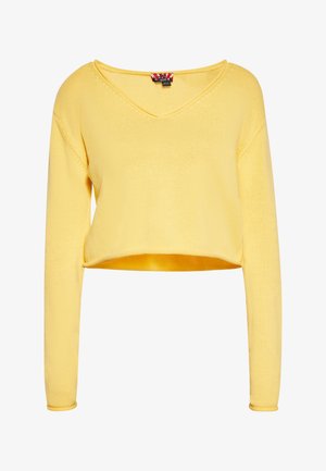 Geel cropped sweater met lange mouwen, V-halsontwerp, ribbeltextuur en een gladde afwerking. Bevat een label aan de halslijn.