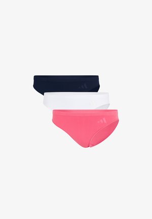 Tre paia di slip da donna: uno blu navy, uno bianco e uno rosa. Tutti presentano una texture liscia e un design classico con vita elastica.