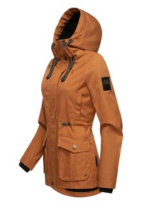 Orange waterproof jacket with a hood, adjustable drawstrings, two front pockets, and black accents. Features a textured finish and snap buttons.