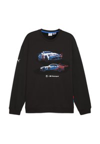 Sudadera negra con un gráfico de dos coches de carreras en azul y rojo. Hecha de una tela suave con puños y cuello acanalados.