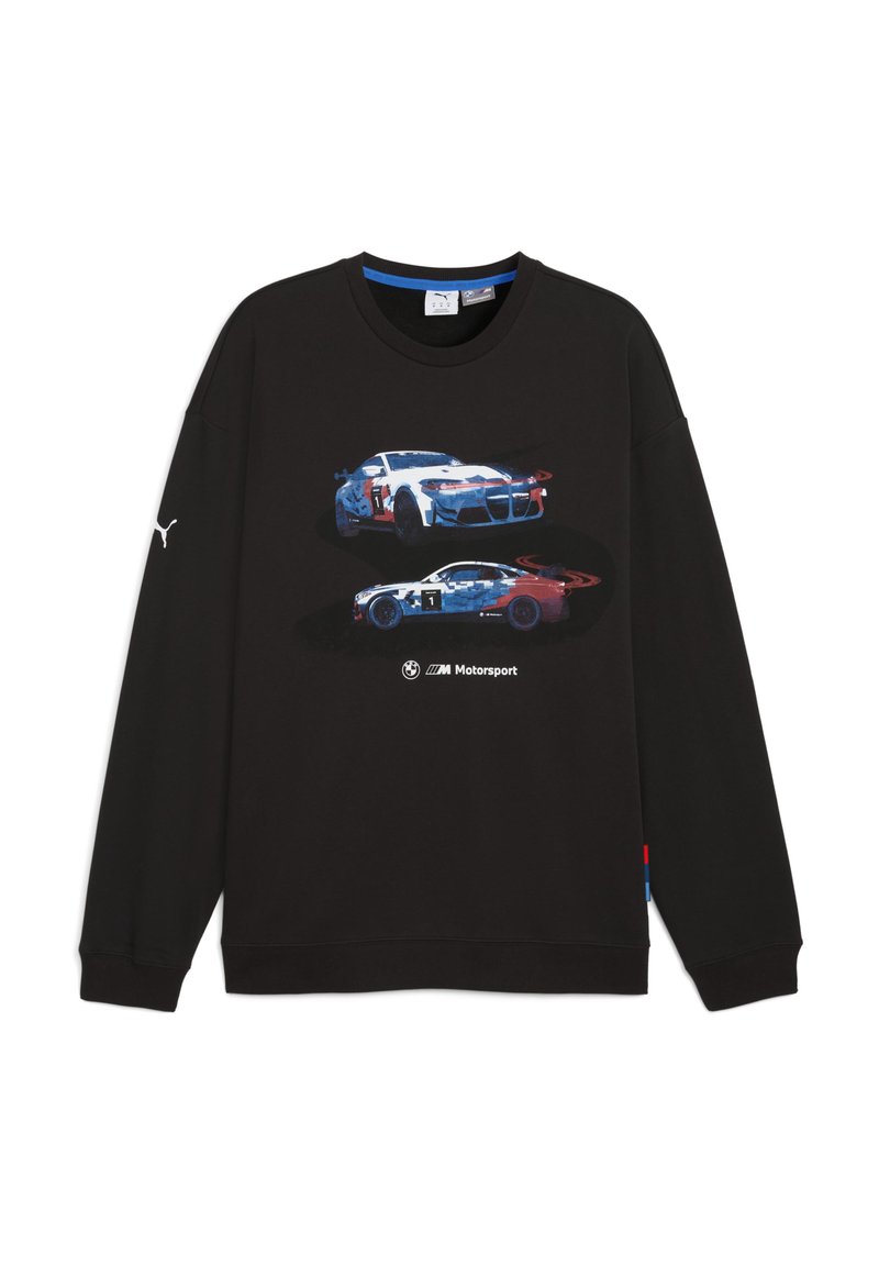 Sudadera negra con un gráfico de dos coches de carreras en azul y rojo. Hecha de una tela suave con puños y cuello acanalados.
