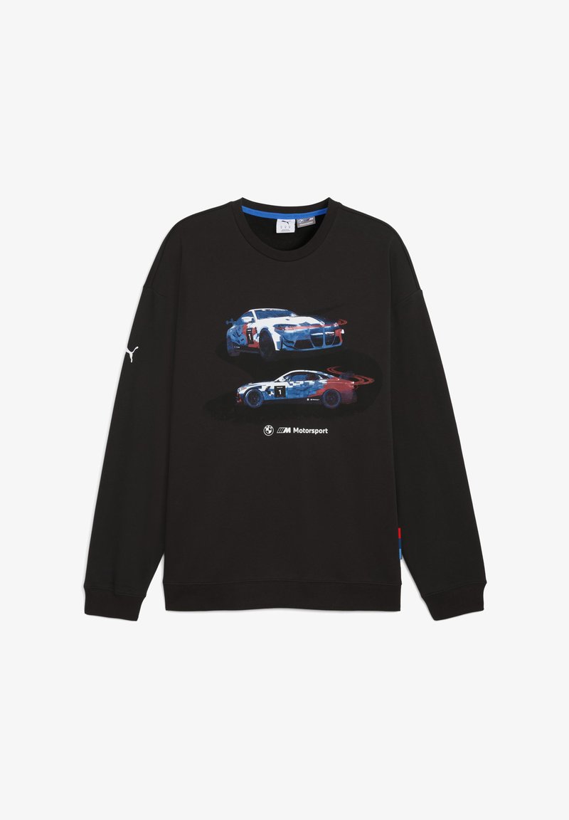 Felpa nera con grafica di due auto da corsa in blu e rosso. Realizzata in tessuto liscio con polsini e scollatura a costine.