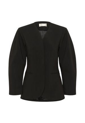 Blazer nero su misura con spalle imbottite, maniche lunghe, scollo a V e due tasche a filetto frontali, esposto su sfondo bianco.