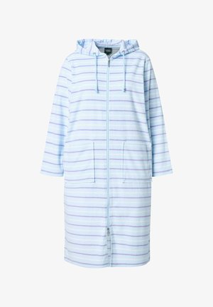 Jasnoniebieski szlafrok z kapturem w lawendowe poziome paski, z zamkiem błyskawicznym z przodu, dwiema kieszeniami z przodu i długimi rękawami.