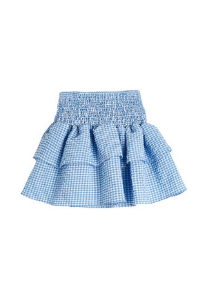 Jupe à carreaux vichy bleus et blancs avec une taille smockée et trois volants. Matériau en coton avec une texture légère.