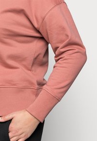 Sudadera rosa con textura suave, puños acanalados y detalles de costura visibles. El diseño cuenta con un corte relajado y una forma simple.