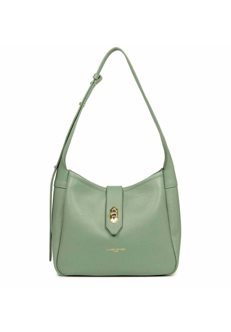 Borsa a tracolla in pelle verde con finitura testurizzata, chiusura in metallo dorato e tracolla regolabile. Design semplice e arrotondato.