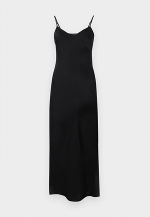 Mustalane ilma varrukat midi kleit, reguleeritavate õhukeste rihmadega, sile tekstuur, V-kujuline kaelus ja külgedel lõhed, mis tagavad mugavuse liikudes.