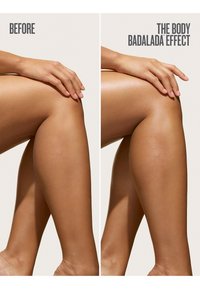 Złożone nogi z ręką opartą na kolanie, lewa strona matowa skóra, prawa strona promienna, gładka skóra oznaczona jako „przed” i „Efekt Body Badalada.”