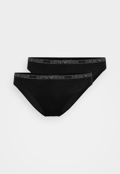 Black cotton briefs with a smooth texture, featuring a logoed elastic waistband. Two pieces displayed together.