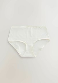 Sous-vêtement blanc pour femme à taille haute avec un petit nœud décoratif au centre de la ceinture avant, posé à plat sur un fond neutre.
