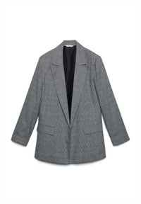 Blazer da donna grigio a quadri con rever a punta, due tasche anteriori a patta e fodera interna nera, steso su uno sfondo bianco.