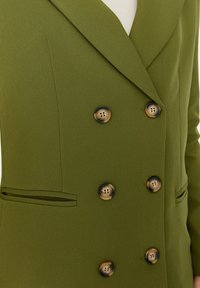 Zielona dwurzędowa marynarka z dwoma przednimi kieszeniami i błyszczącymi brązowymi guzikami. Wykonana z gładkiej tkaniny, o dopasowanym kroju i wyraźnie zaznaczonych klapach.