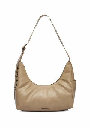 Beżowa skórzana torba na ramię z regulowanym paskiem, metalowymi ćwiekami po jednej stronie oraz subtelnym logo G-star na środku przedniej części.