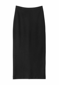 Sort blyantskørt lavet af glat stof, med en lige silhuet, højt liv og uden synlige sømme eller udsmykninger.