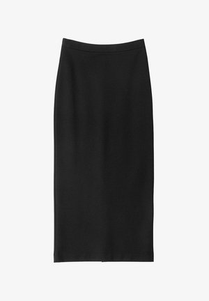 Schwarzer Bleistiftrock aus glattem Stoff, mit geradem Schnitt, hoher Taille und ohne sichtbare Nähte oder Verzierungen.
