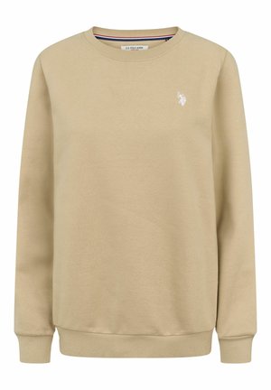 Beige sweatshirt gemaakt van katoenmix, met een ronde hals, geribde mouwen en een klein wit logo op de linkerkant van de borst.
