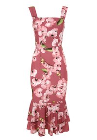 Blumenmusterkleid aus pinkem Stoff, mit einem enganliegenden Oberteil, quadratischem Ausschnitt, dünnen Trägern und einem rüschierten Saum, der mit großen rosa Blumen verziert ist.