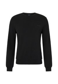 Zwarte crewneck sweatshirt gemaakt van zachte stof. Heeft lange mouwen, ribgebreide manchetten en een subtiele reliëflogo op de borst.
