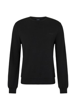 Schwarzer Rundhalsausschnitt-Sweatshirt aus weichem Material. Verfügt über lange Ärmel, gerippte Bündchen und ein dezentes, geprägtes Logo auf der Brust.