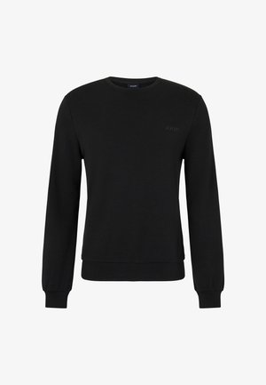 Zwarte crewneck sweatshirt gemaakt van zachte stof. Heeft lange mouwen, ribgebreide manchetten en een subtiele reliëflogo op de borst.
