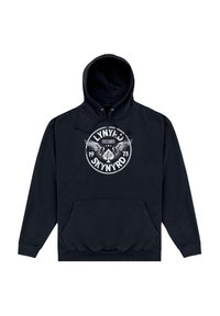 Sudadera negra con un bolsillo canguro frontal, que presenta un gráfico circular blanco con texto y alas. Capucha con cordón y puños acanalados.