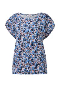 Bloemmotief T-shirt in marineblauw, blauw en koraal. Zachte stof met een losse pasvorm en brede halslijn. Korte dolmanmouwen, casual ontwerp.