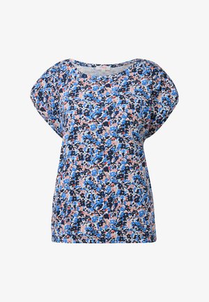 T-shirt à motif floral en marine, bleu et corail. Tissu doux avec une coupe ample et un large col. Manches dolman courtes, design décontracté.