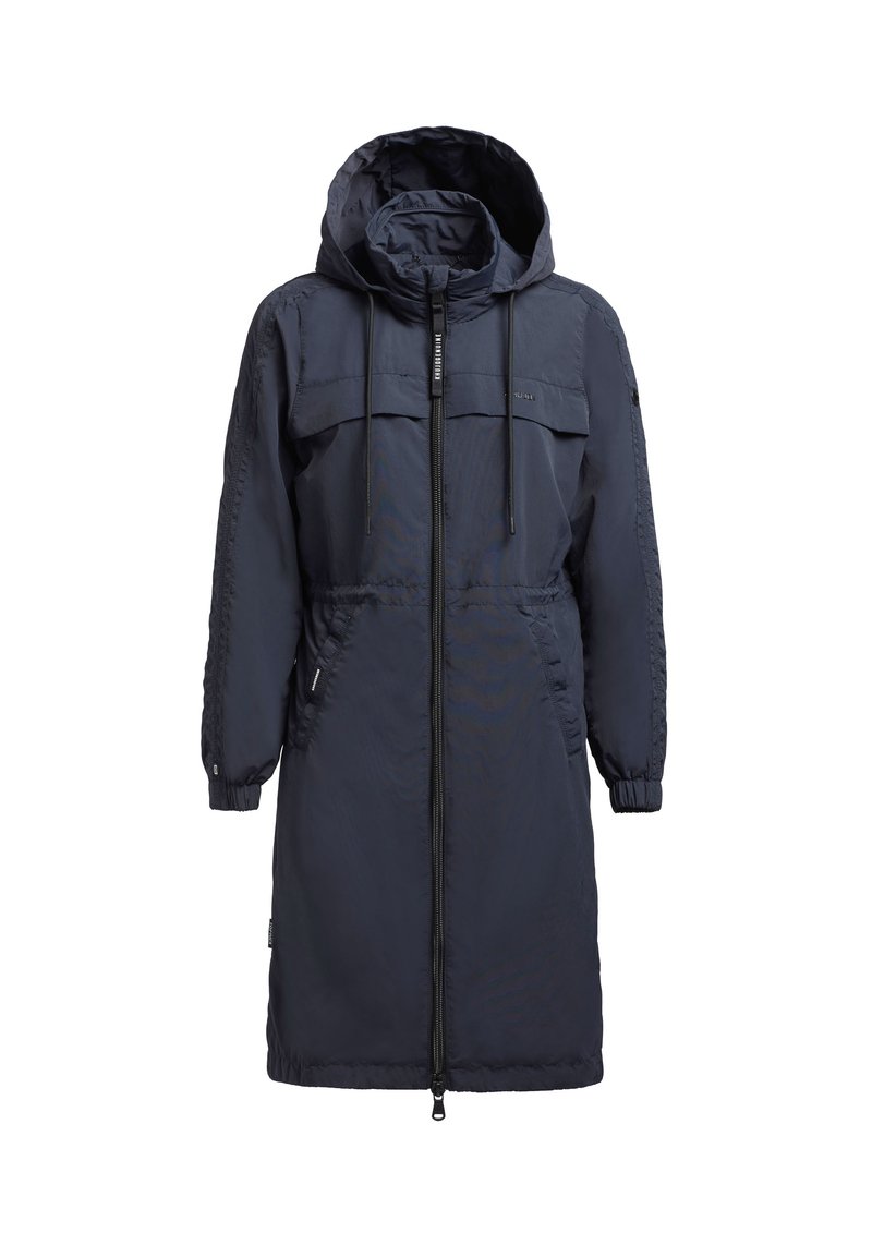 Marineblaues, langes Jackett mit Kapuze; verfügt über einen Reißverschluss vorne, zwei Brusttaschen, elastische Bündchen und strukturierte Seitenpaneele.