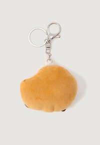 Plush beige keychain shaped like a car with a metal split ring and a lobster clasp on a white background.