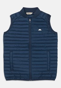 Marinblå pufferväst med quiltat mönster, full dragkedja och hög krage. Har två sidofickor och logotyp på bröstet.