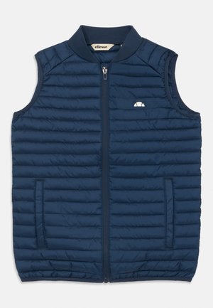 Marinblå pufferväst med quiltat mönster, full dragkedja och hög krage. Har två sidofickor och logotyp på bröstet.