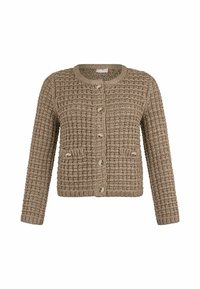 Strickjacke in Hellbraun mit strukturiertem Muster, rundem Halsausschnitt und vorderen Knöpfen. Mit zwei Fronttaschen.