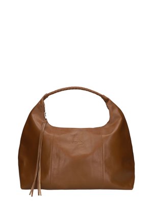 Brown leather handbag with braided handle, vertical stitching, and long leather tassel zipper pull on left side.
