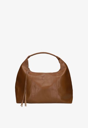 Brown leather handbag with braided handle, vertical stitching, and long leather tassel zipper pull on left side.