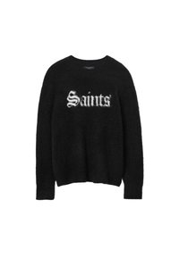 Zwarte trui van pluizig materiaal, met een witte "Saints" opdruk in gestileerd lettertype over de borst, met een ronde halslijn en lange mouwen.