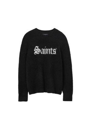 Svart tröja i fluffigt material, med en vit "Saints" grafisk design i stiliserad font över bröstet, rund nacke och långa ärmar.
