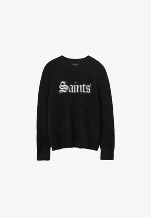 Must musta, mis on valmistatud pehmest materjalist, esitleb valget "Saints" graafikat stiliseeritud fonti rindkere kohal, ümmargune kaelus ja pikad varrukad.