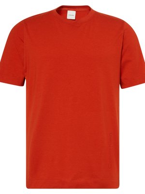 Rode katoenen T-shirt met korte mouwen, ronde hals, en Calvin Klein-logo in een subtiele print aan de linkerzijde. Soepele textuur, casual ontwerp.