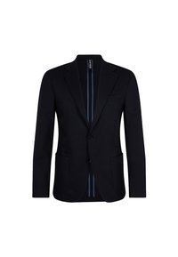 Veste homme noire à simple boutonnage avec revers à cran, deux poches avant, deux boutons et une doublure intérieure rayée noire et bleue.